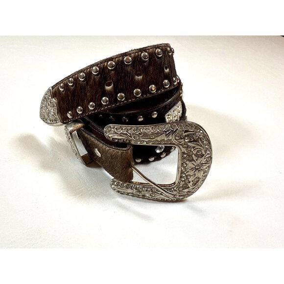 Paparazzia Accessories - Handcrafted Leather Cowhide Belt Western Style Rhinestones Floral Buckle Design